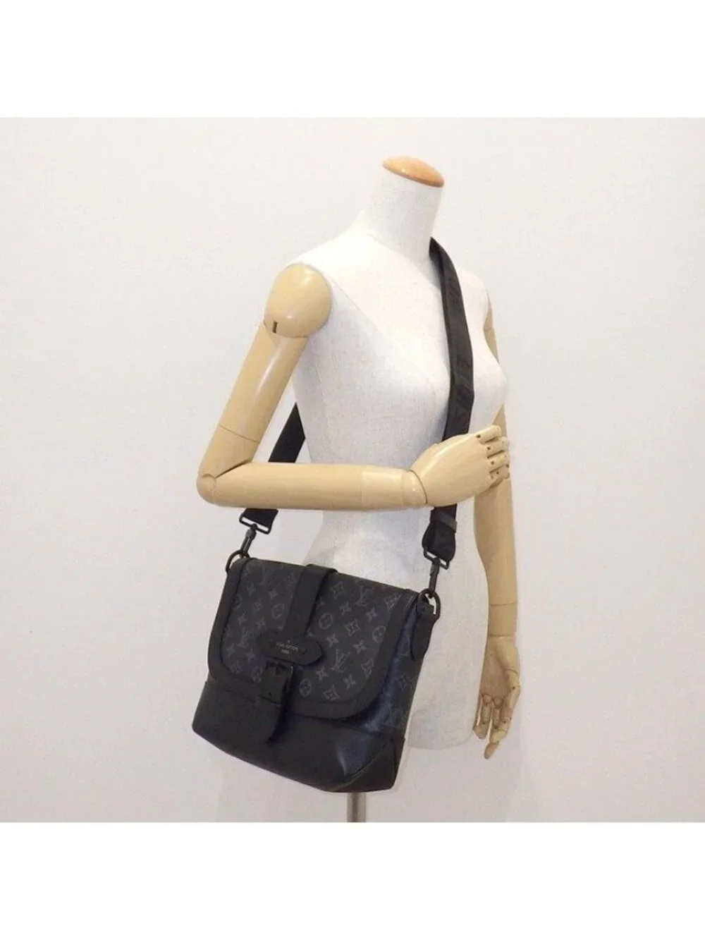Louis Vuitton Shoulder Bag Saumur Messenger Monogram Eclipse Leather Black